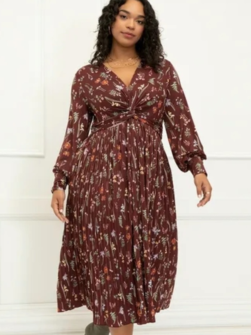 Eloquii Burgundy Floral Long Sleeve Pleated Midi Dress Size 18